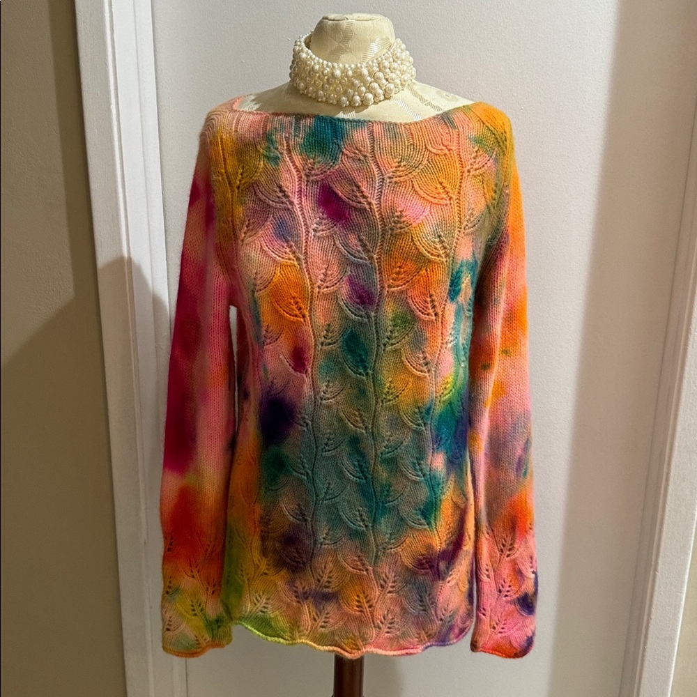 Ann Taylor Soft Lambs Wool Angora Tie Dye Vibrant Leaf Open Knit Sweater L